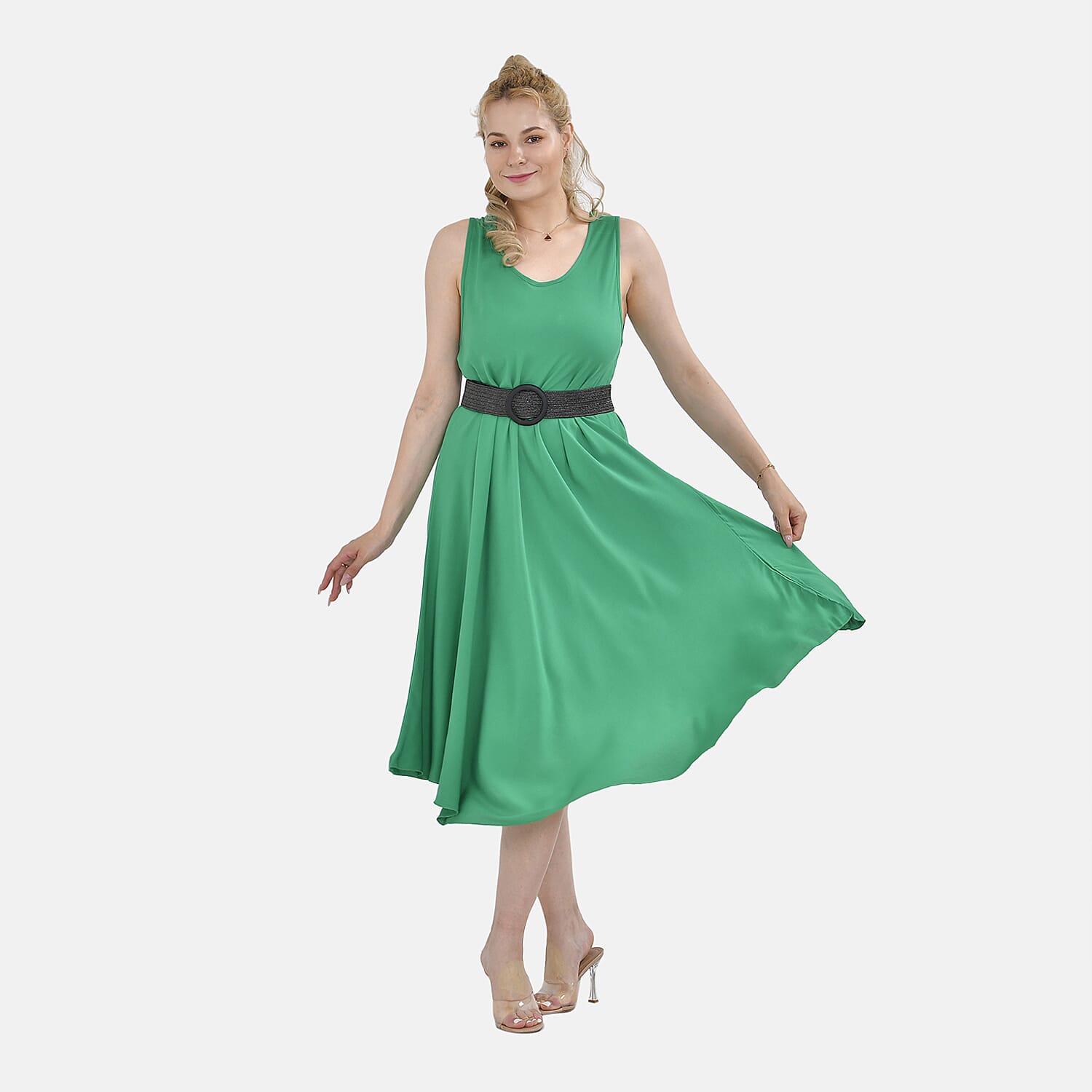 100% Viscose Printed Umbrella Dress with Elasticated Belt (Curve Size - 20 to 26) - Green With Black Belt