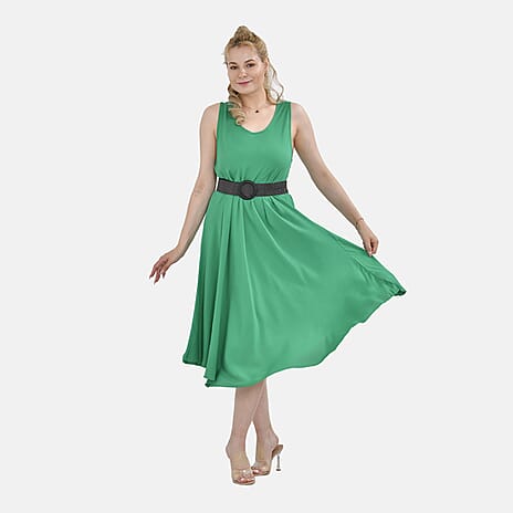 TAMSY 100% Viscose Printed Umbrella Dress with Elasticated Belt (Curve Size - 20 to 26) - Green