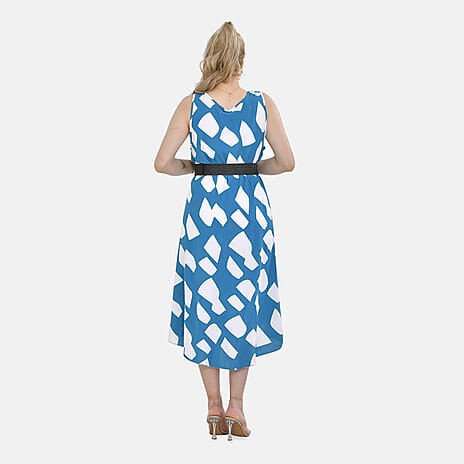 TAMSY 100% Viscose Square Printed Umbrella Dress with Elasticated Belt (Curve Size - 20 to 26) - Blue - White