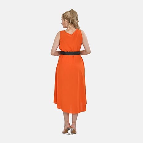 TAMSY 100% Viscose Printed Umbrella Dress with Elasticated Belt (One Size - 8 to 18) - Orange