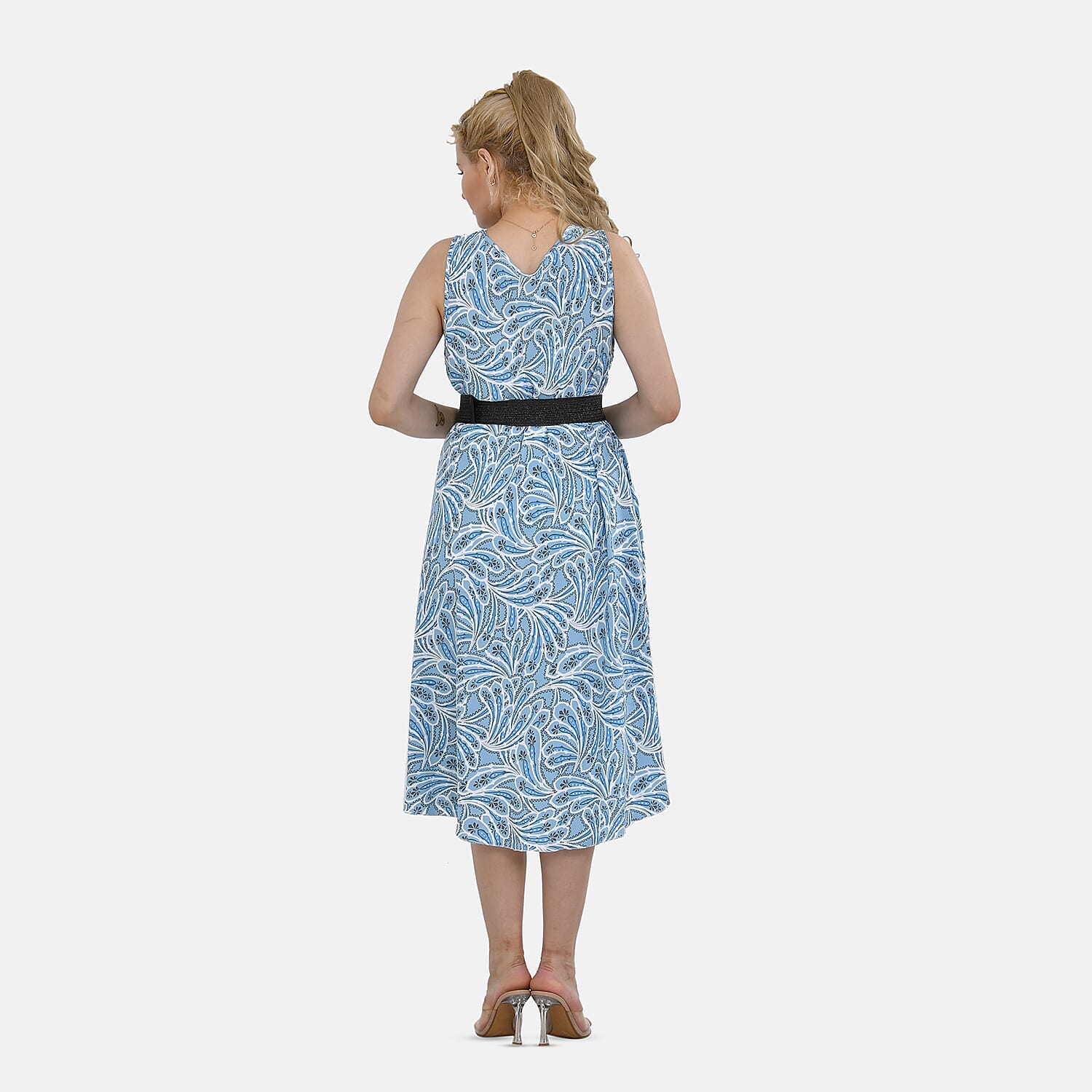  Tamsy Printed Umbrella Dress with Set of 2 Elastic Belt - Green