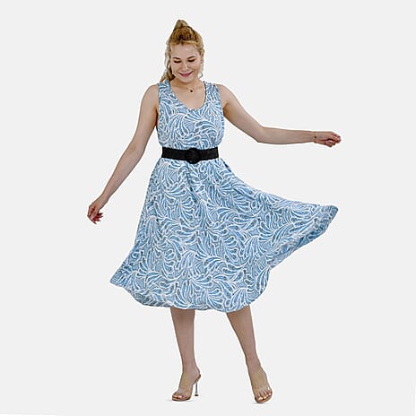 TAMSY 100% Viscose Floral Printed Umbrella Dress with Elasticated Belt (Curve Size - 20 to 26) - Green - White