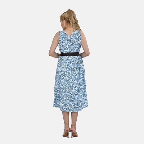 TAMSY 100% Viscose Floral Printed Umbrella Dress with Elasticated Belt (Curve Size - 20 to 26) - Green - White