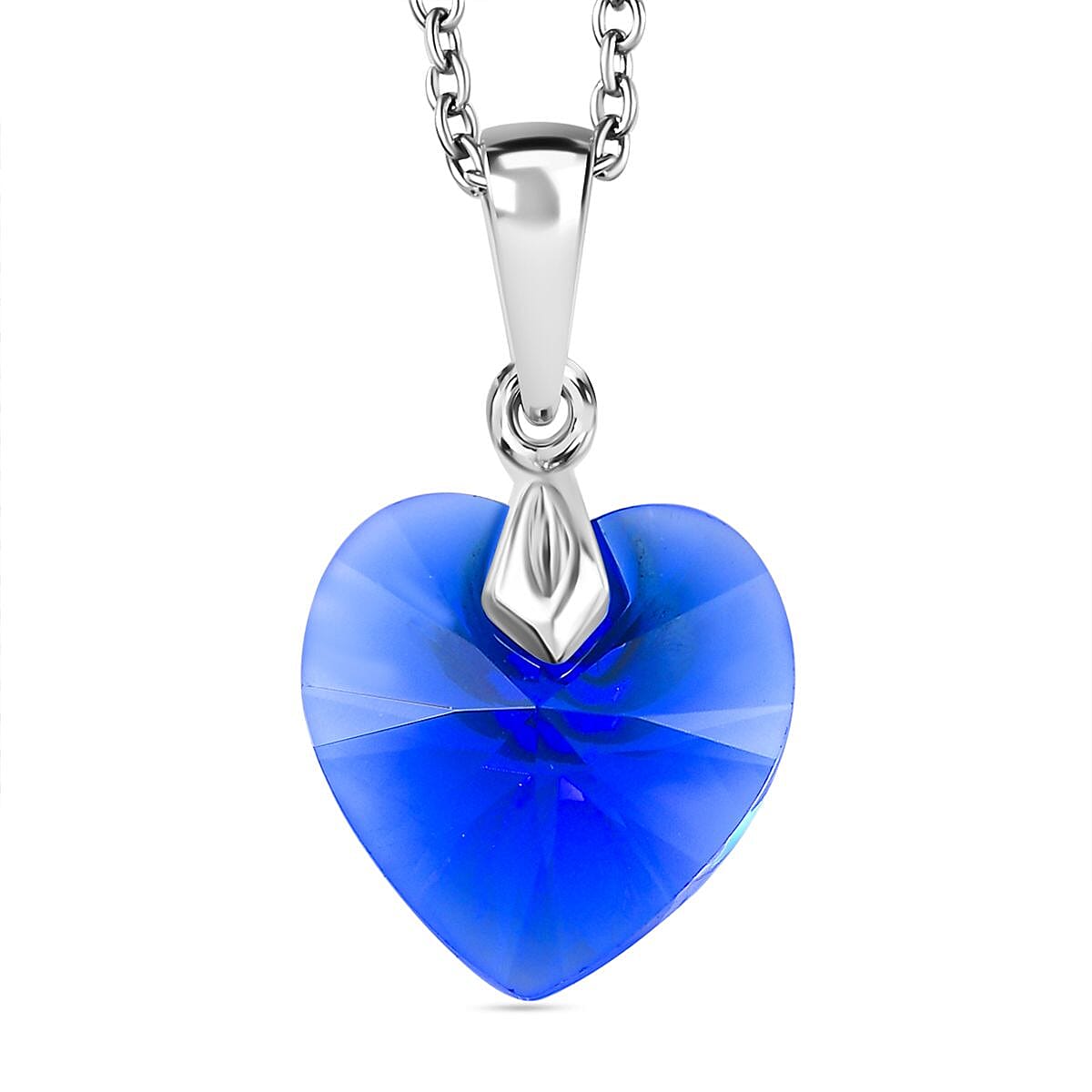 Majestic Blue Colour Austrian Crystal Heart Pendant with Chain (Size 20) in Platinum Overlay Sterling Silver
