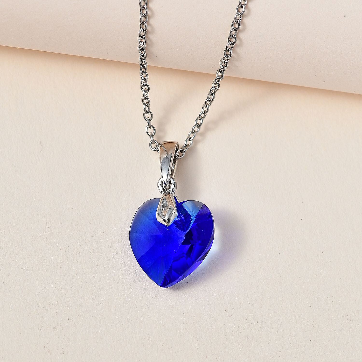 Majestic Blue Colour Austrian Crystal Heart Pendant with Chain (Size 20) in Platinum Overlay Sterling Silver