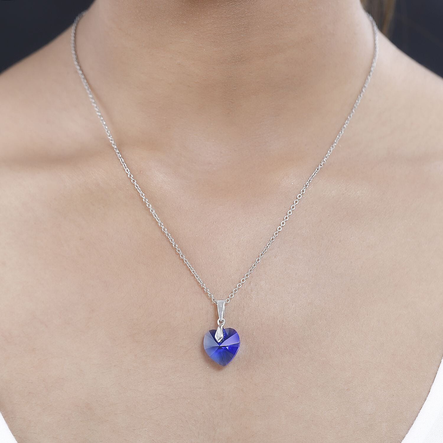Majestic Blue Colour Austrian Crystal Heart Pendant with Chain (Size 20) in Platinum Overlay Sterling Silver