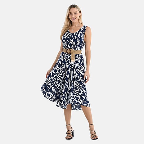 Tamsy - 100% Viscose White & Navy Abstract Umbrella Dress with Belt(One Size 8-18) - Abstract