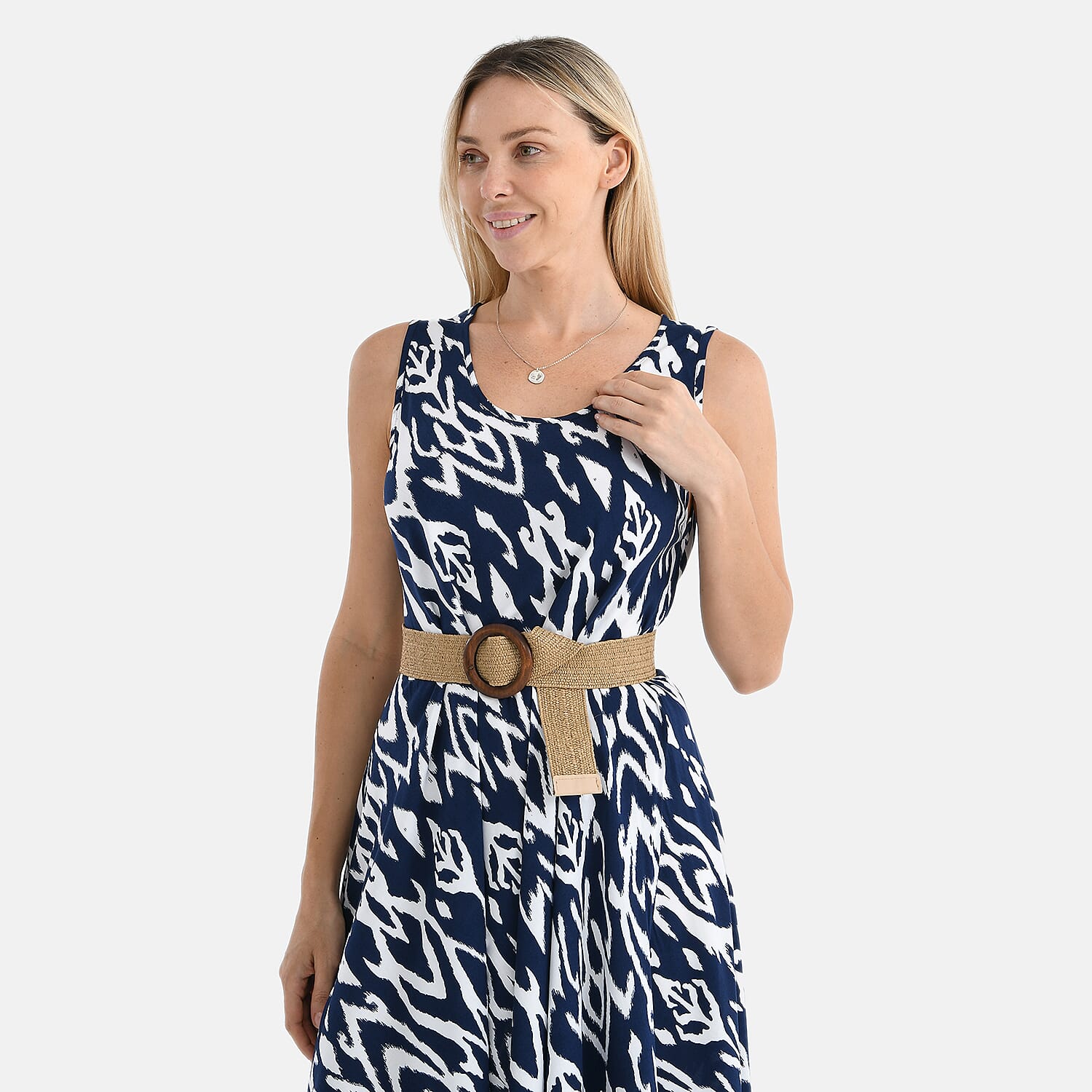 Tamsy - 100% Viscose White & Navy Abstract Umbrella Dress with Belt(One Size 8-18) - Abstract Tamsy - 100% Viscose White & Navy Abstract Umbrella Dress with Belt(One Size 8-18) - Abstract