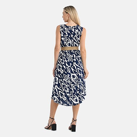 Tamsy - 100% Viscose White & Navy Abstract Umbrella Dress with Belt(Curve Size 20-26) - Abstract