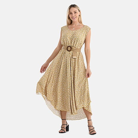 Tamsy - 100% Viscose Yellow & White Flower Pattern Umbrella Dress with Belt(One Size 8-18) - Yellow