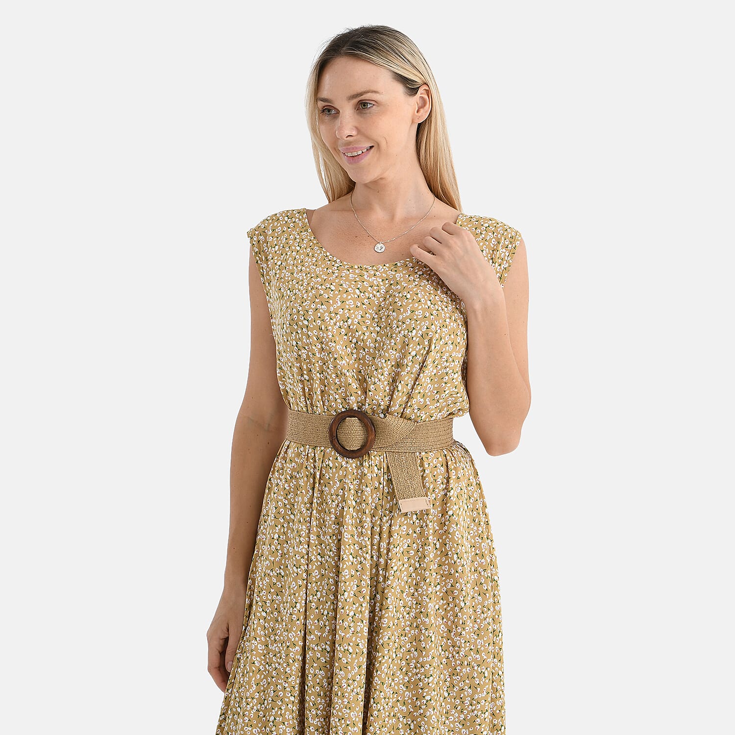 Tamsy - 100% Viscose Yellow & White Flower Pattern Umbrella Dress with Belt(One Size 8-18) - Yellow Tamsy - 100% Viscose Yellow & White Flower Pattern Umbrella Dress with Belt(One Size 8-18) - Yellow
