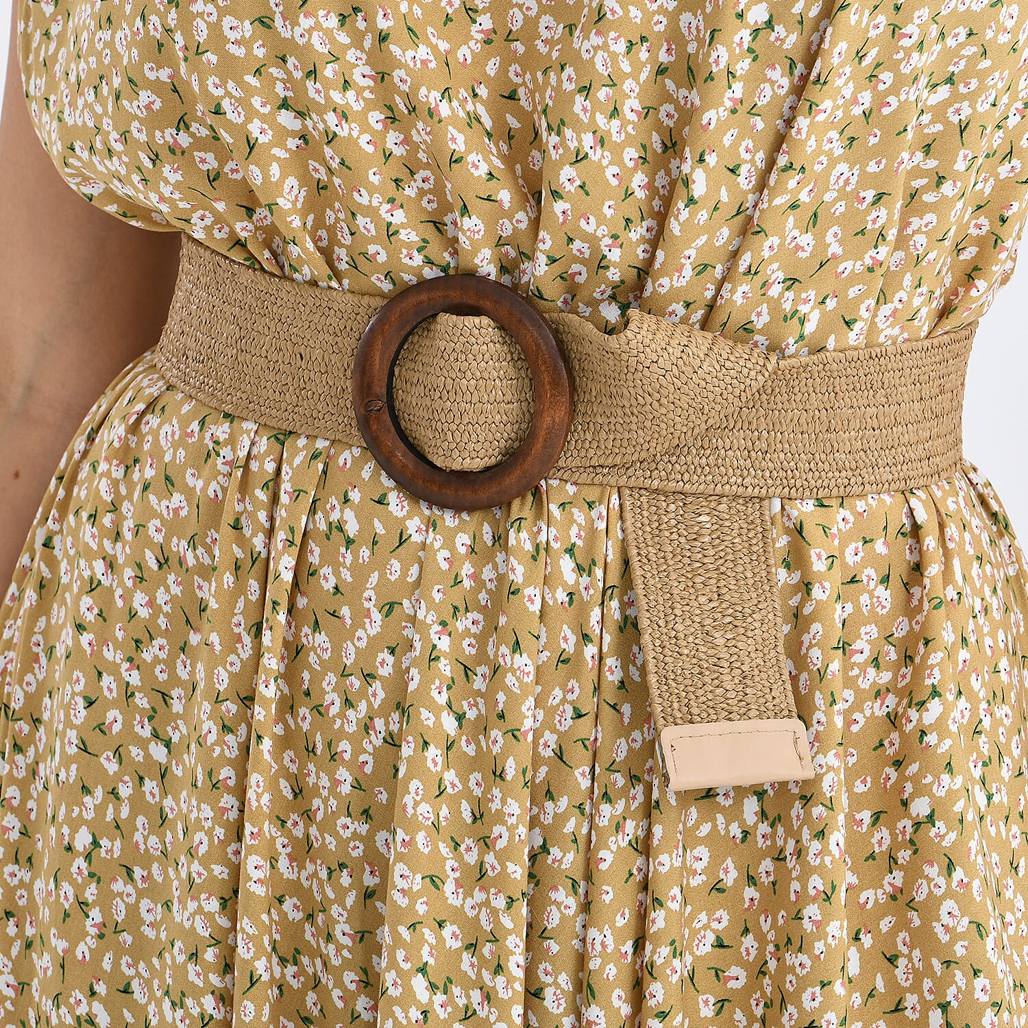 Tamsy - 100% Viscose Yellow & White Flower Pattern Umbrella Dress with Belt(One Size 8-18) - Yellow Tamsy - 100% Viscose Yellow & White Flower Pattern Umbrella Dress with Belt(One Size 8-18) - Yellow