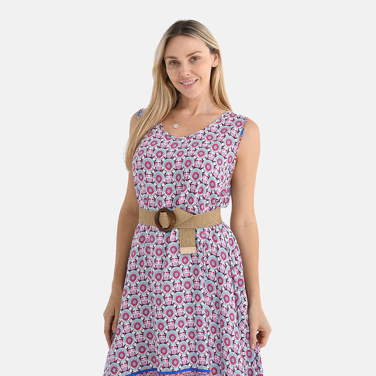 Tamsy - 100% Viscose Pink Flower Pattern Umbrella Dress with Belt (Curve Size 20-26) - Pink Tamsy - 100% Viscose Pink Flower Pattern Umbrella Dress with Belt (Curve Size 20-26) - Pink