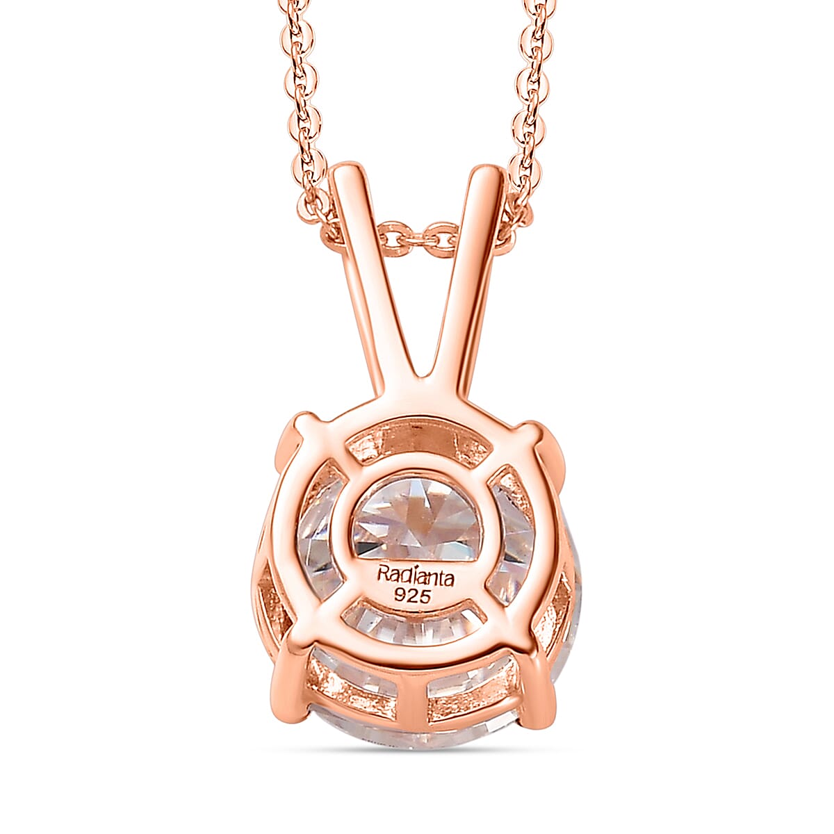 Moissanite Solitaire Pendant with Chain (Size 20) in 18K Rose Gold Vermeil Plated Sterling Silver 2.00 Ct. Moissanite Solitaire Pendant with Chain (Size 20) in 18K Rose Gold Vermeil Plated Sterling Silver 2.00 Ct.