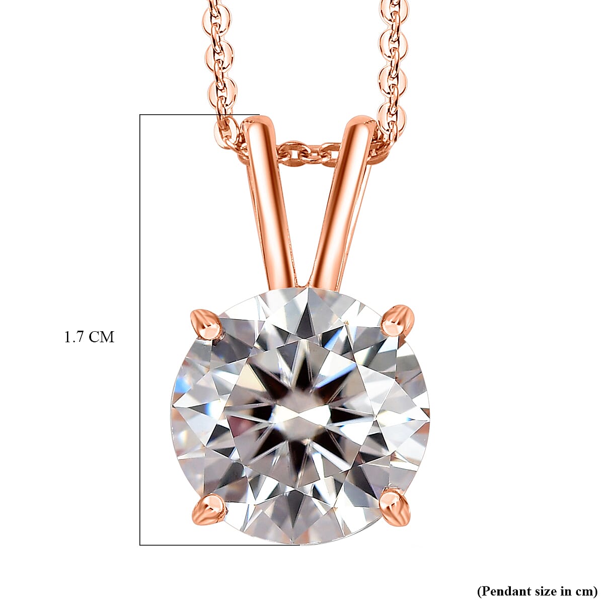 Moissanite Solitaire Pendant with Chain (Size 20) in 18K Rose Gold Vermeil Plated Sterling Silver 2.00 Ct. Moissanite Solitaire Pendant with Chain (Size 20) in 18K Rose Gold Vermeil Plated Sterling Silver 2.00 Ct.