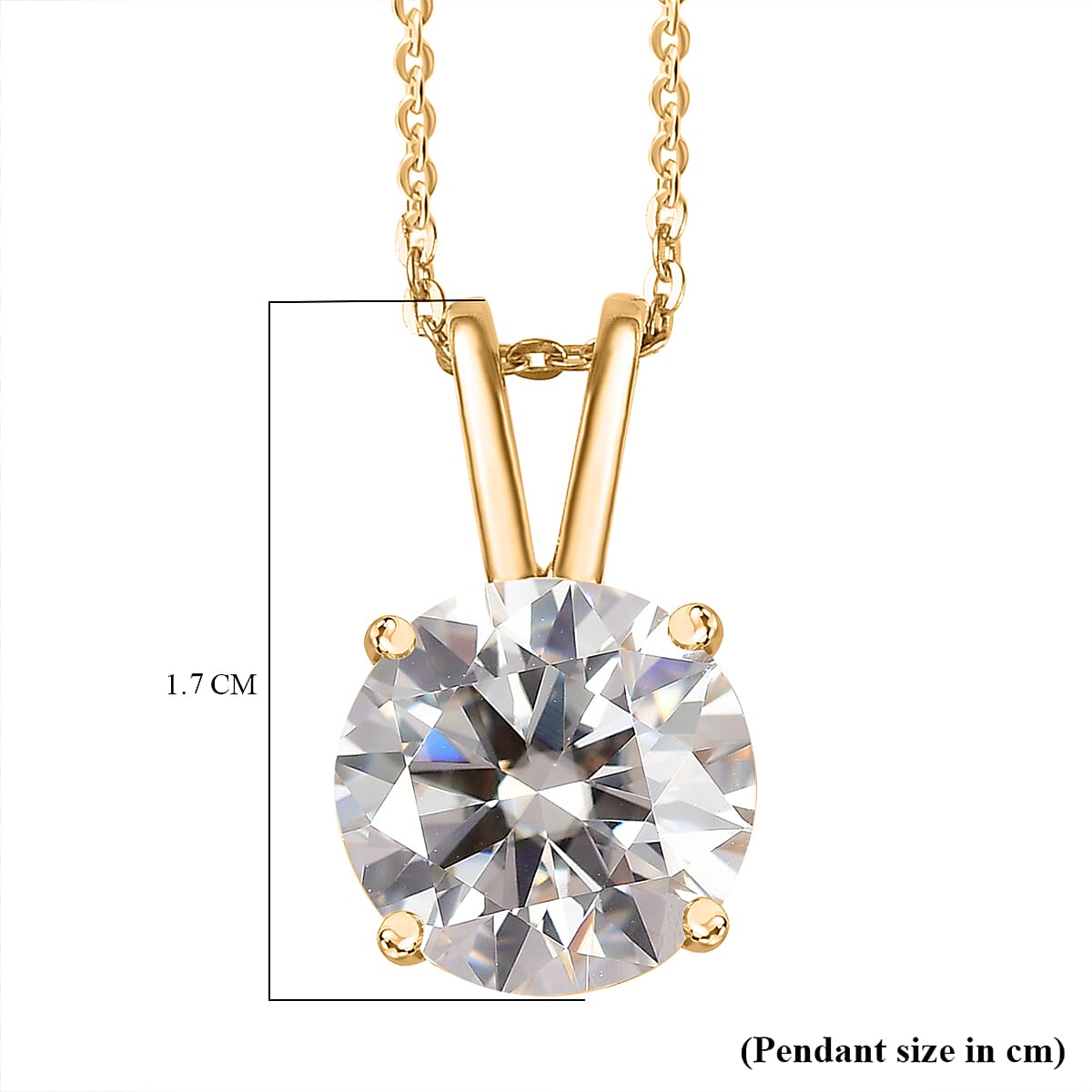 Moissanite Solitaire Pendant with Chain (Size 20) in 18K Vermeil Yellow Gold Plated Sterling Silver 2.00 Ct. Moissanite Solitaire Pendant with Chain (Size 20) in 18K Vermeil Yellow Gold Plated Sterling Silver 2.00 Ct.