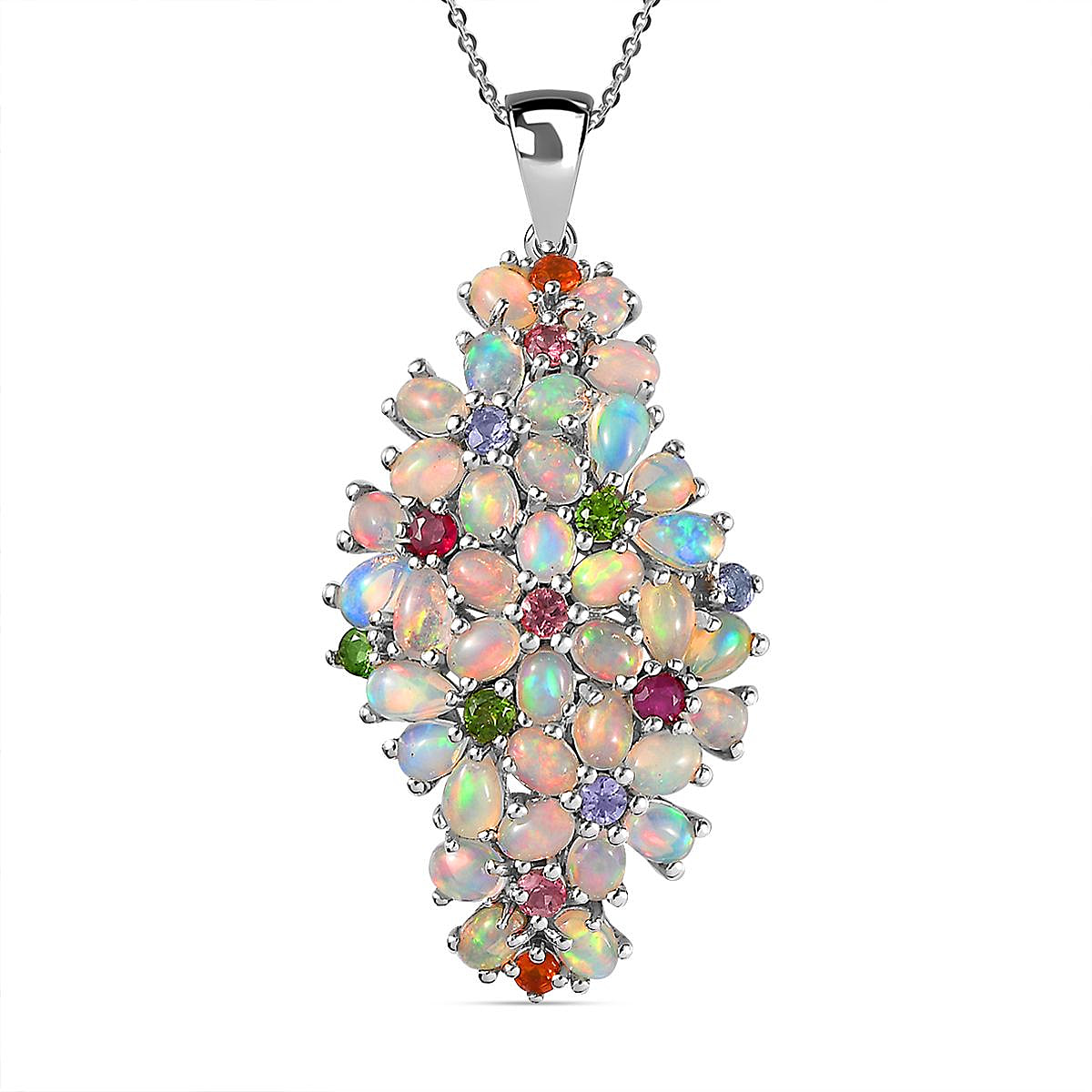 Ethiopian Welo Opal & Muti Gemstone Cluster Pendant With Chain (Size 20) in Platinum Overlay Sterling Silver 5.20 Ct