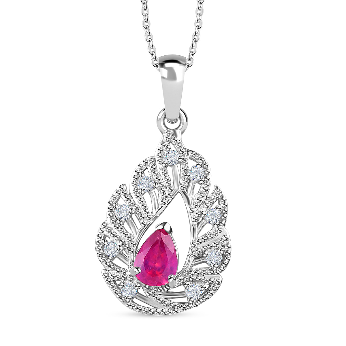 African Ruby & Natural Zircon Pendant with Chain (Size 20) in Platinum Overlay Sterling Silver 1.01 Ct, Silver Wt. 5.9 Gms