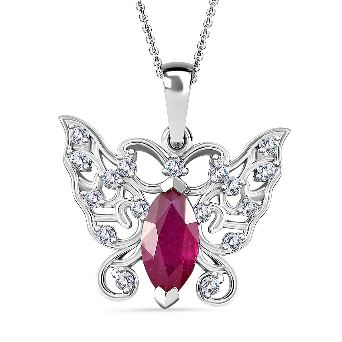 African Ruby & Natural Zircon Butterfly Pendant with Chain (Size 20) in Platinum Overlay Sterling Silver 1.80 Ct, Silver Wt. 5 Gms