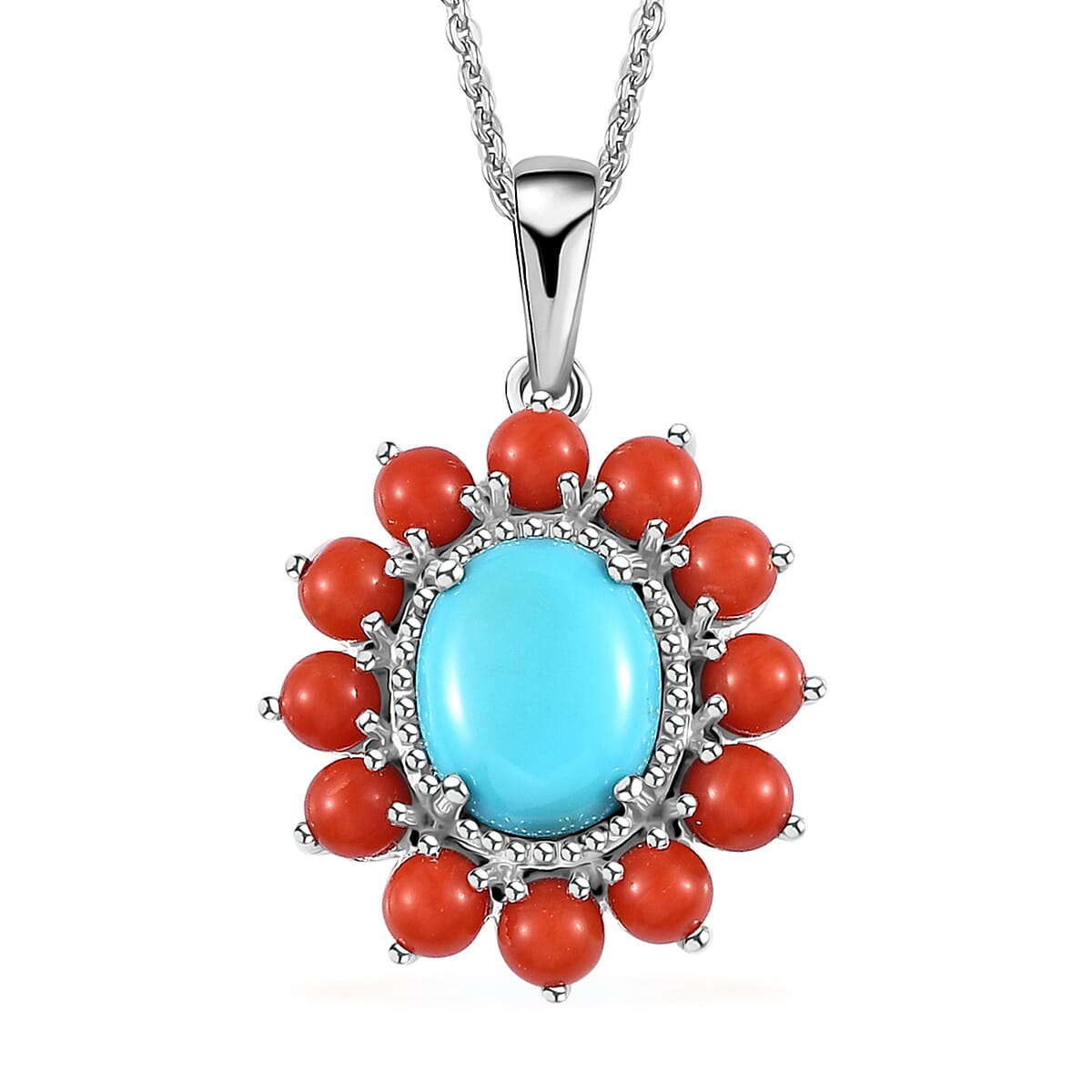 Tucson Special - Arizona Sleeping Beauty Turquoise & Coral Pendant with Chain (Size 20) in Platinum Overlay Sterling Silver 4.48 Ct.