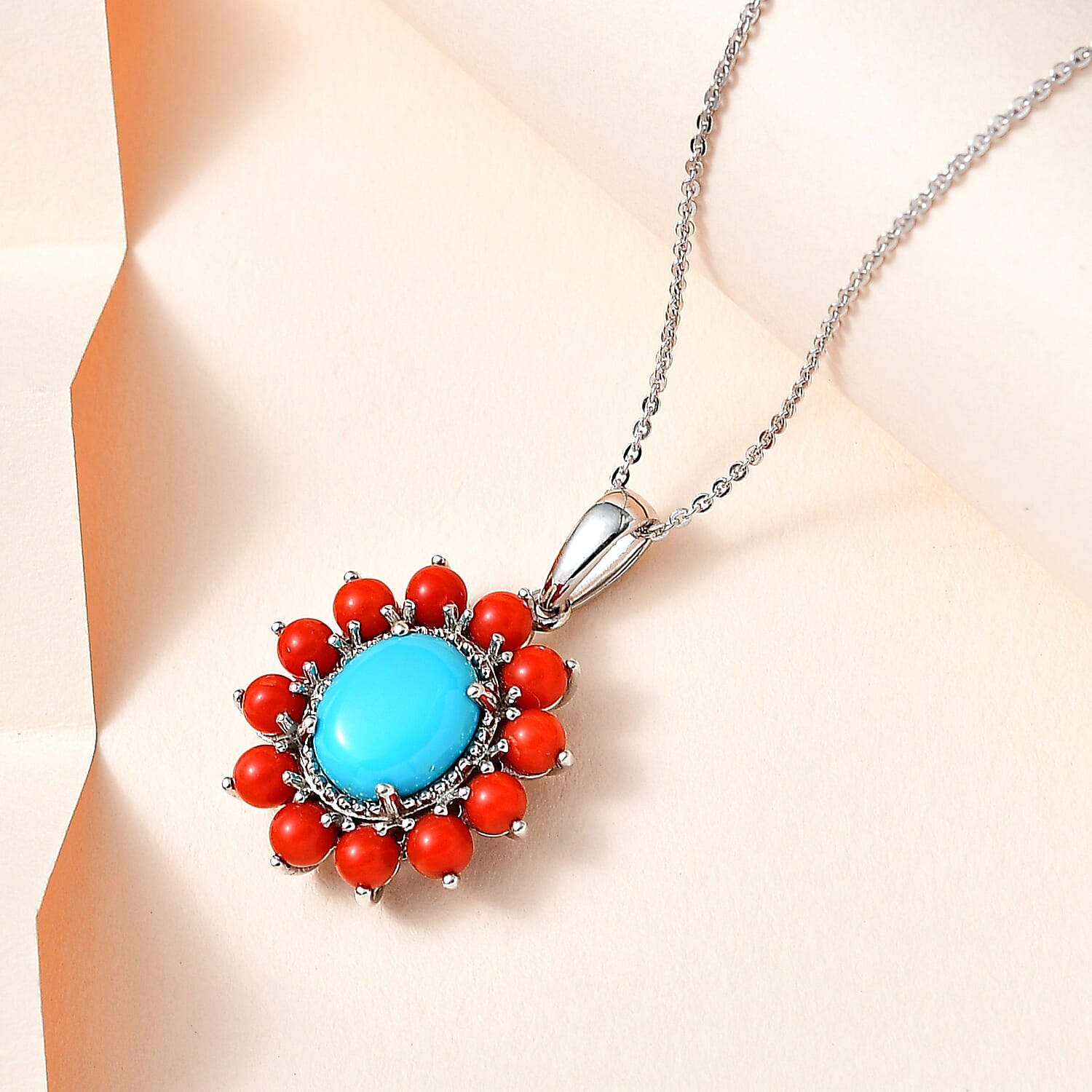 Tucson Special - Arizona Sleeping Beauty Turquoise & Coral Pendant with Chain (Size 20) in Platinum Overlay Sterling Silver 4.48 Ct.