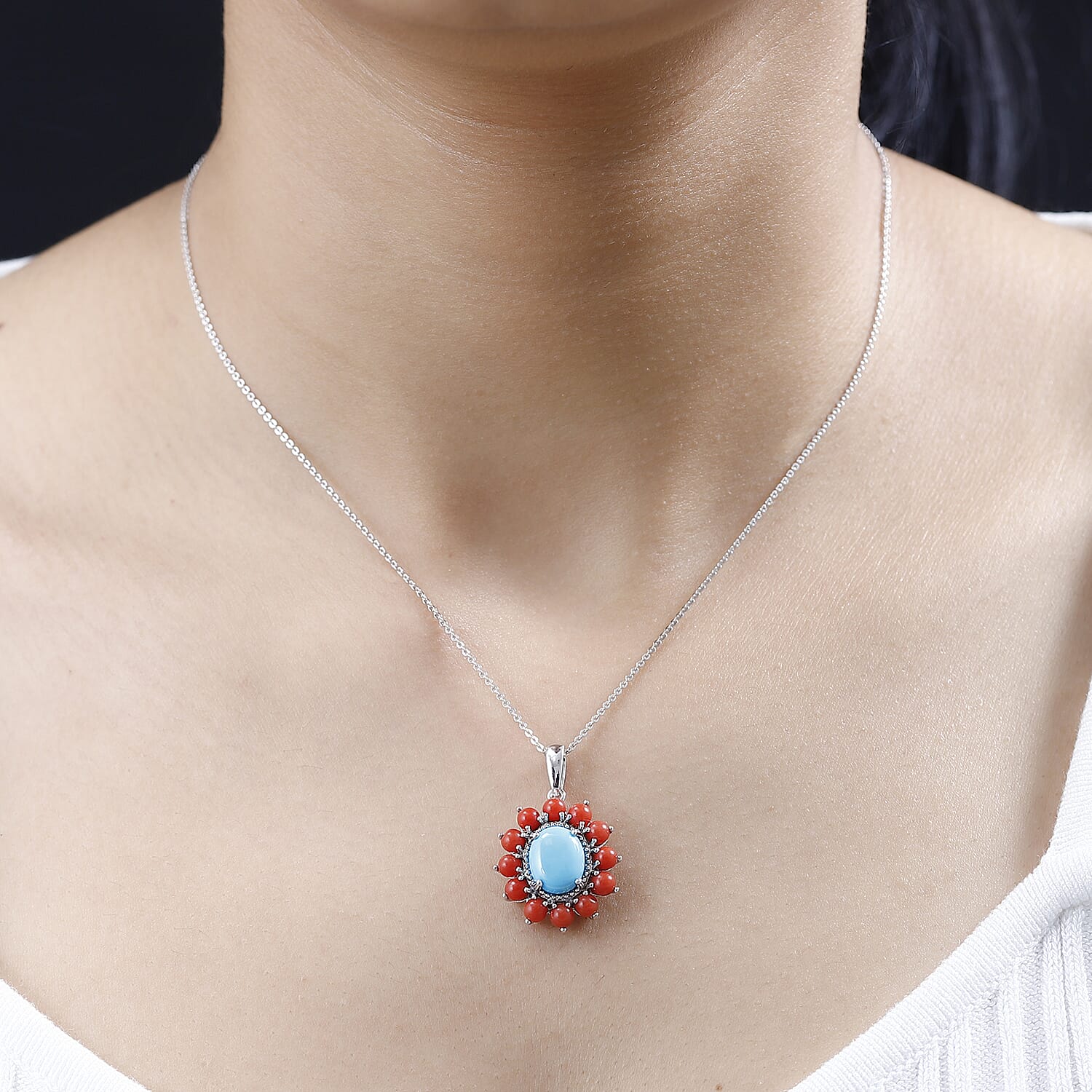 Tucson Special - Arizona Sleeping Beauty Turquoise & Coral Pendant with Chain (Size 20) in Platinum Overlay Sterling Silver 4.48 Ct.