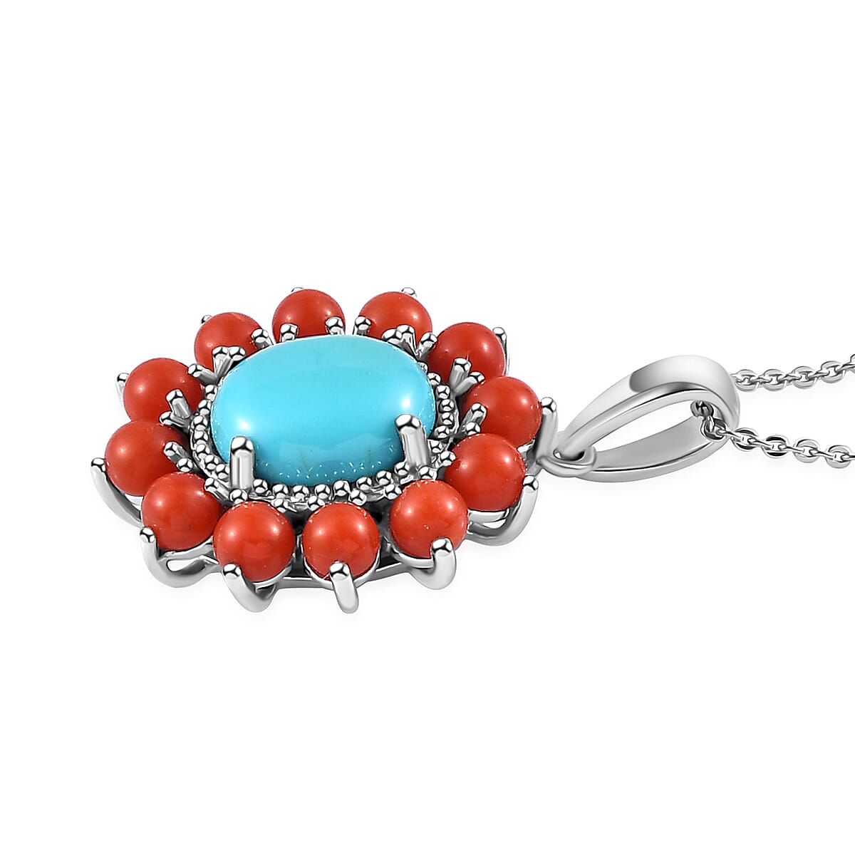 Tucson Special - Arizona Sleeping Beauty Turquoise & Coral Pendant with Chain (Size 20) in Platinum Overlay Sterling Silver 4.48 Ct.