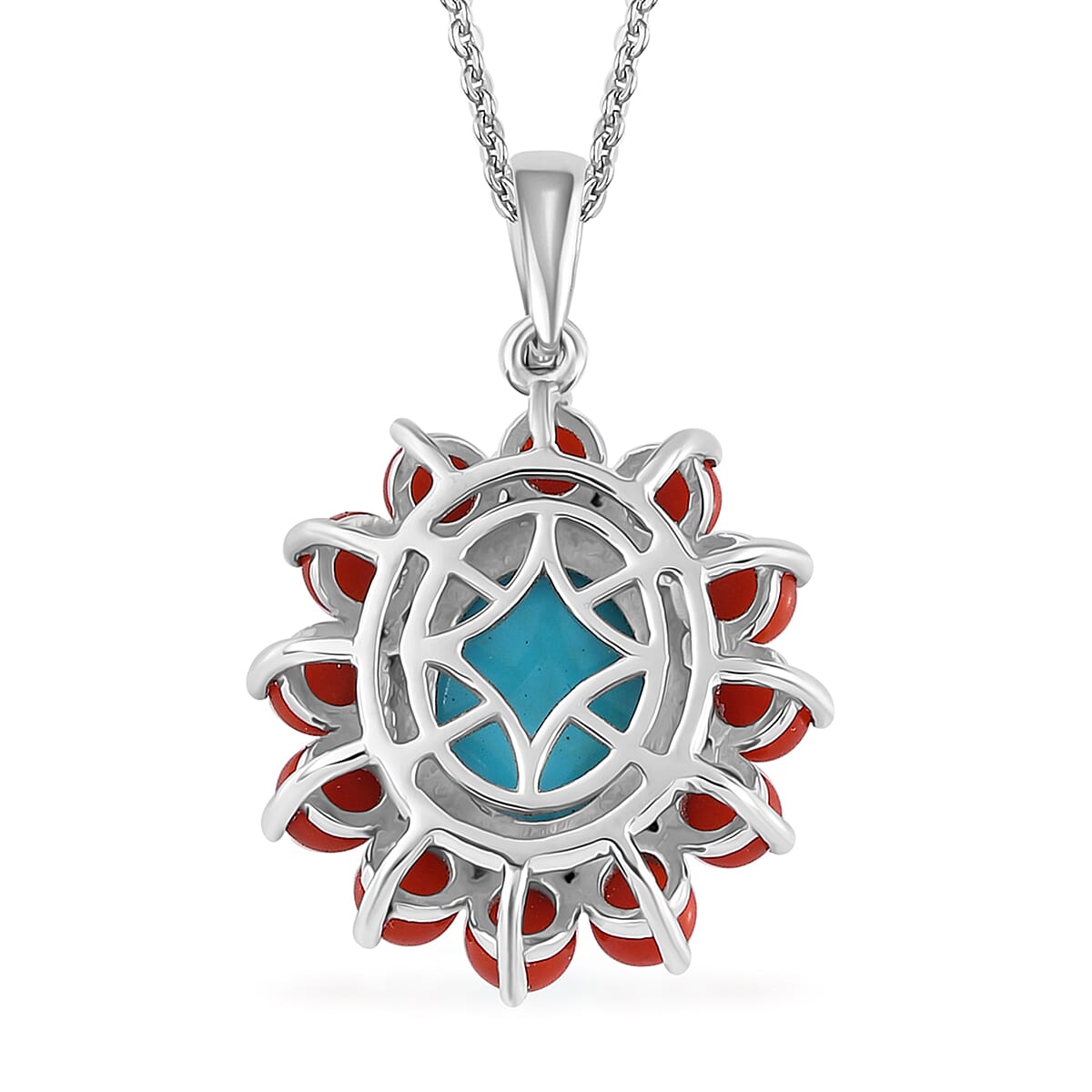 Tucson Special - Arizona Sleeping Beauty Turquoise & Coral Pendant with Chain (Size 20) in Platinum Overlay Sterling Silver 4.48 Ct.
