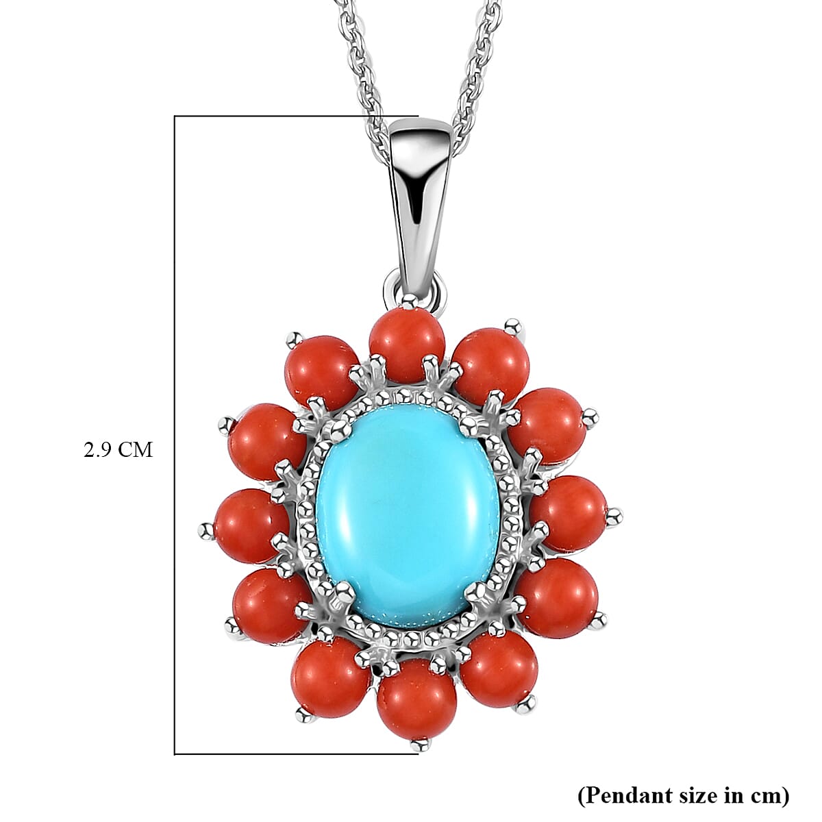 Tucson Special - Arizona Sleeping Beauty Turquoise & Coral Pendant with Chain (Size 20) in Platinum Overlay Sterling Silver 4.48 Ct.