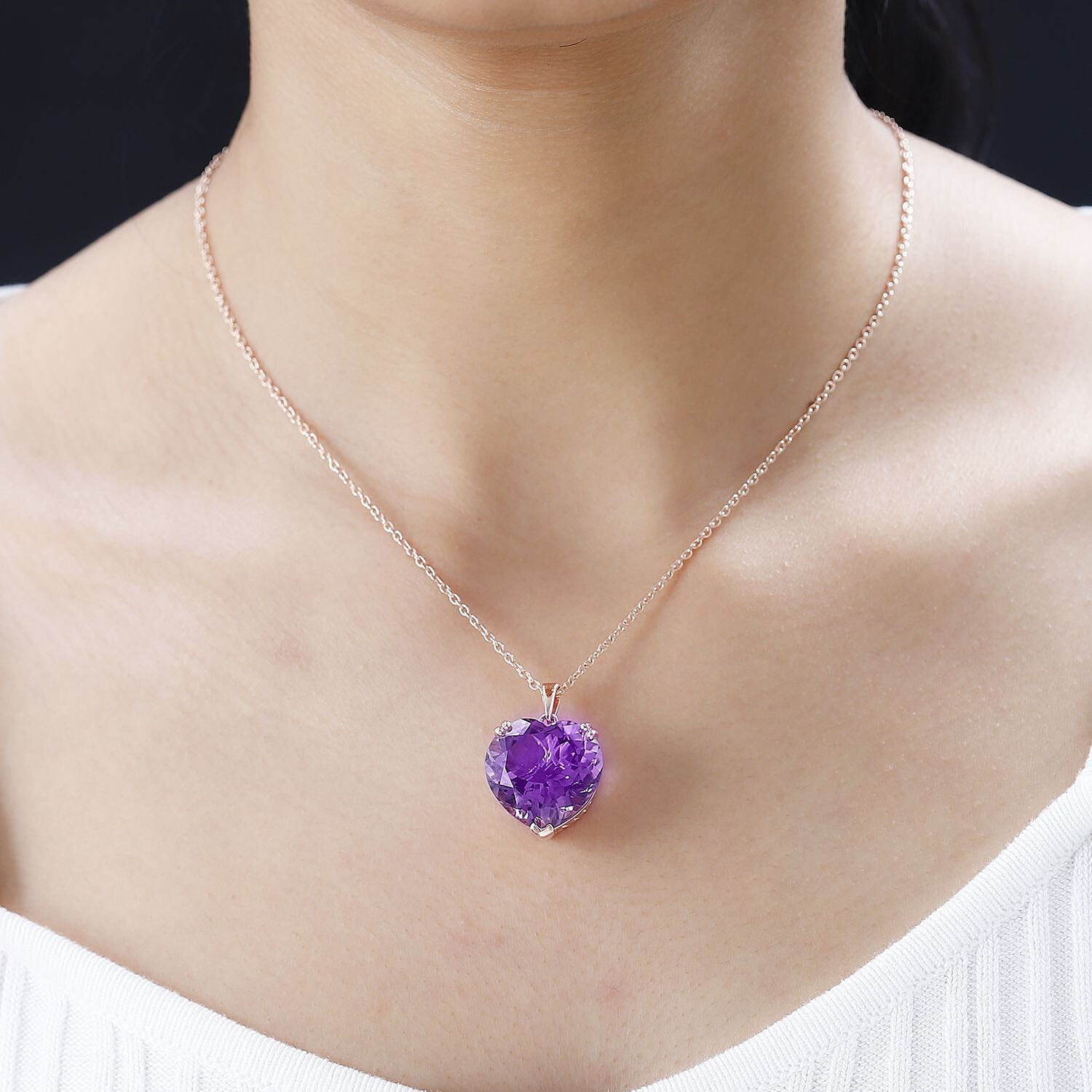 Rose de France Amethyst Heart Pendant with Chain (Size 20) in Vermeil RG Plated Sterling Silver 15 Ct