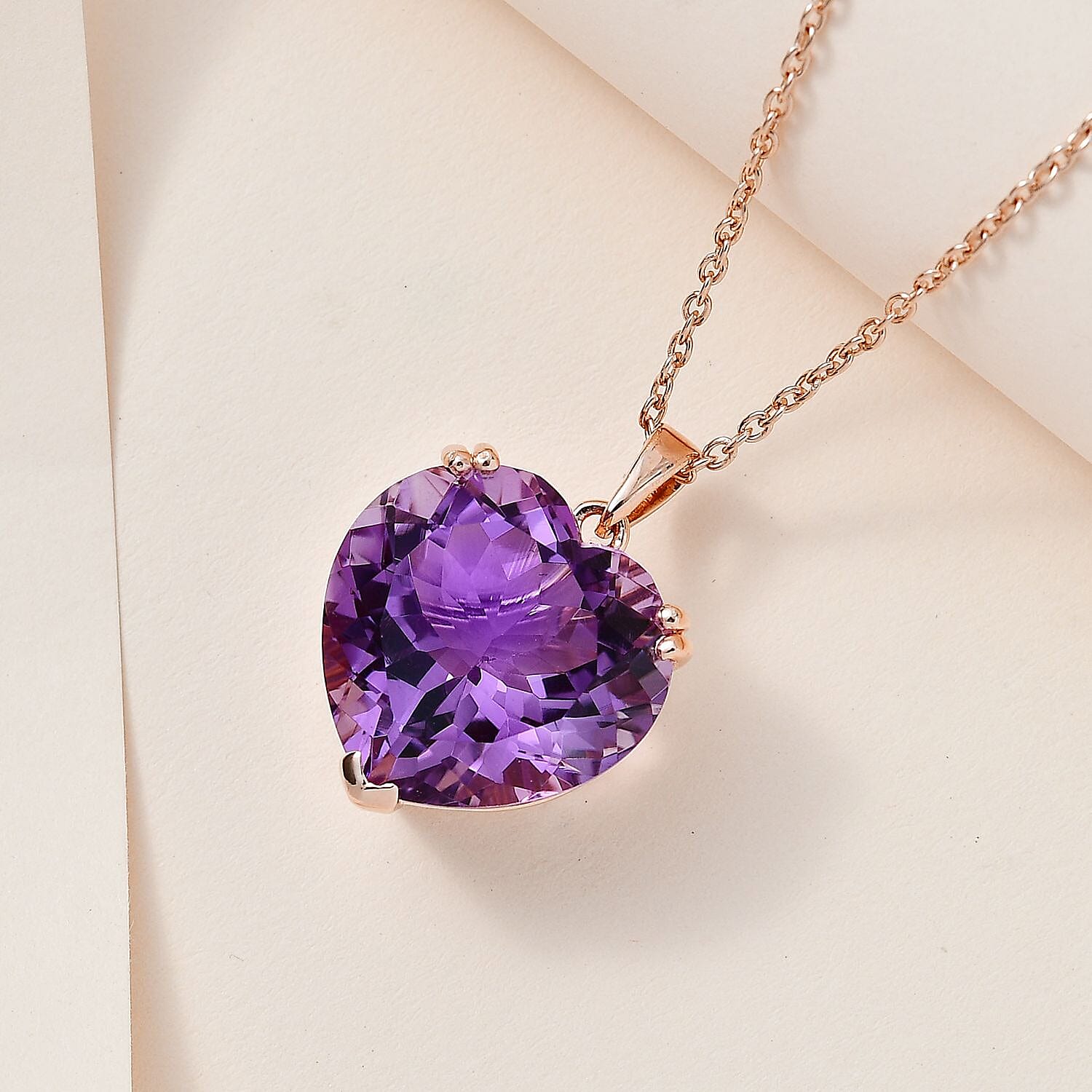 Rose de France Amethyst Heart Pendant with Chain (Size 20) in Vermeil RG Plated Sterling Silver 15 Ct