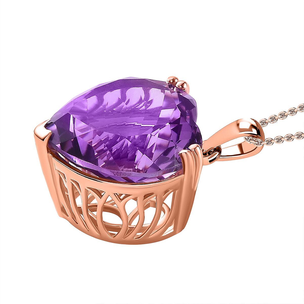 Rose de France Amethyst Heart Pendant with Chain (Size 20) in Vermeil RG Plated Sterling Silver 15 Ct