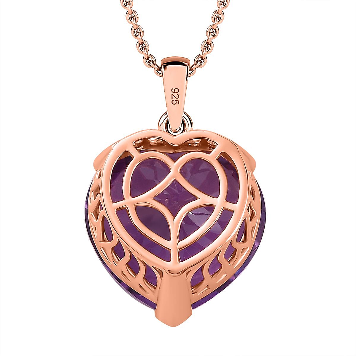 Rose de France Amethyst Heart Pendant with Chain (Size 20) in Vermeil RG Plated Sterling Silver 15 Ct
