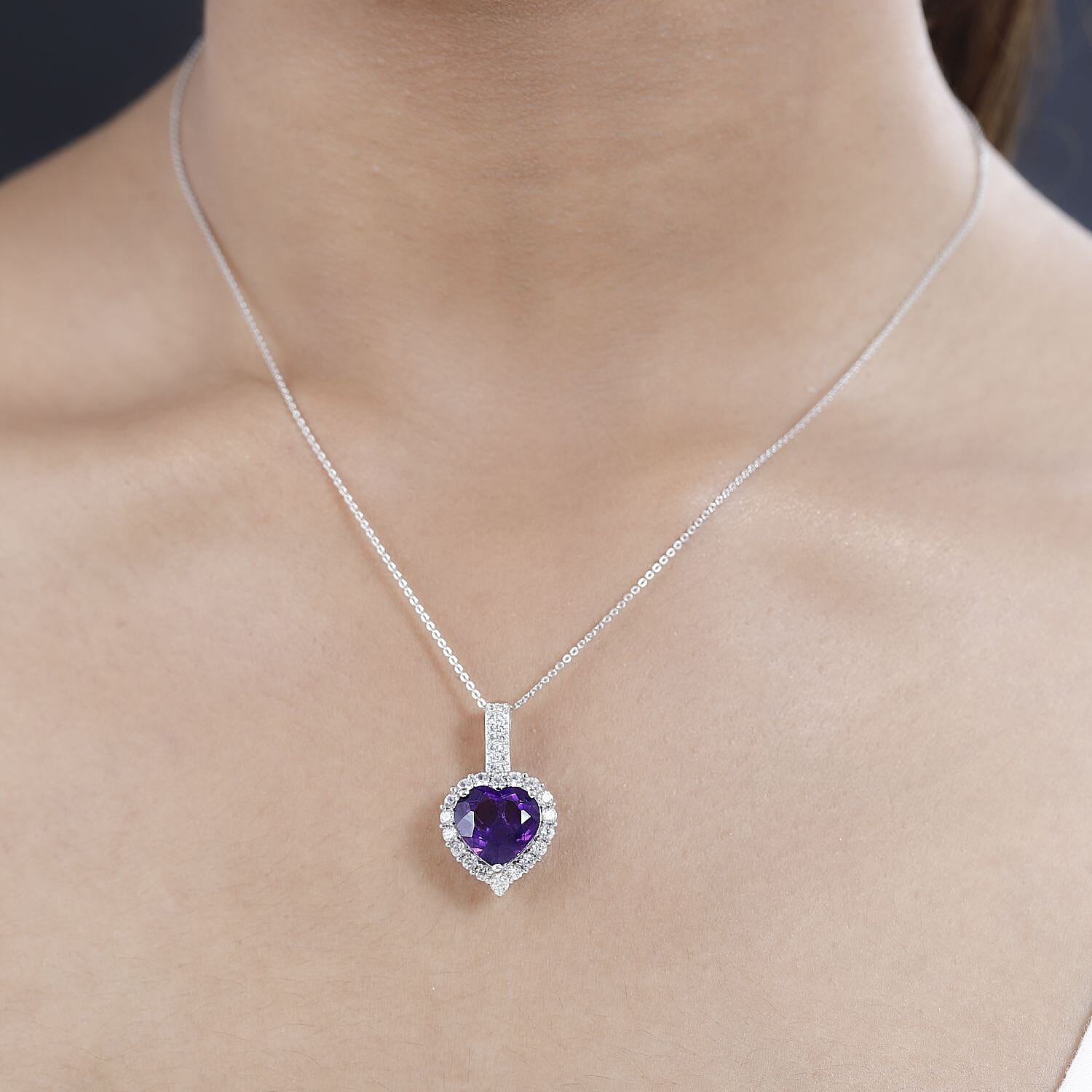 Amethyst & Natural Zircon Heart Pendant with Chain (Size 20) in Platinum Overlay Sterling Silver 10.45 Ct