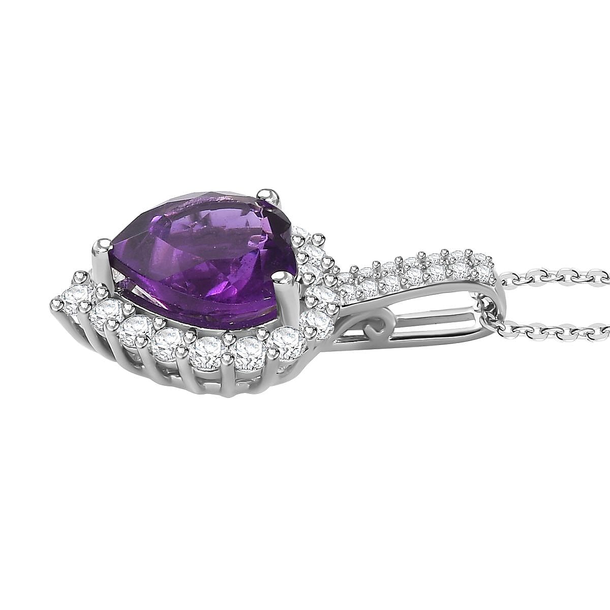 Amethyst & Natural Zircon Heart Pendant with Chain (Size 20) in Platinum Overlay Sterling Silver 10.45 Ct