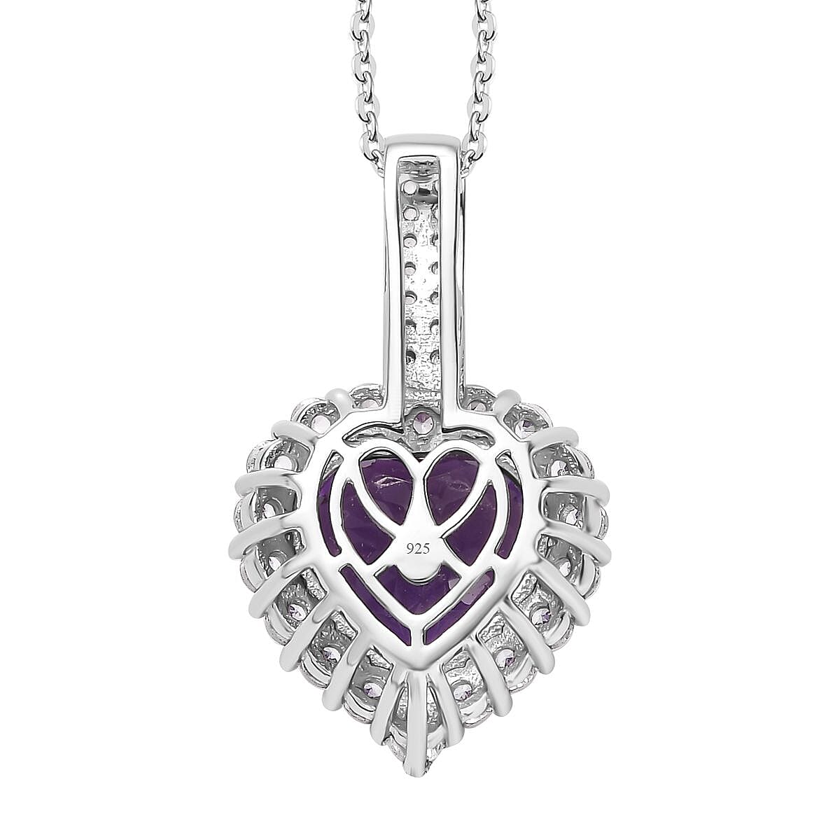 Amethyst & Natural Zircon Heart Pendant with Chain (Size 20) in Platinum Overlay Sterling Silver 10.45 Ct