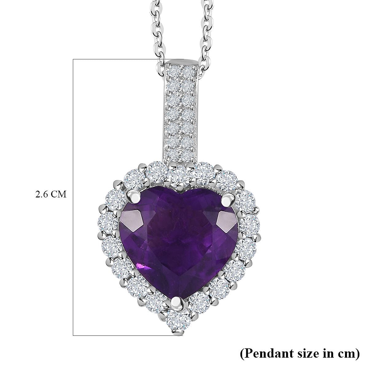Amethyst & Natural Zircon Heart Pendant with Chain (Size 20) in Platinum Overlay Sterling Silver 10.45 Ct