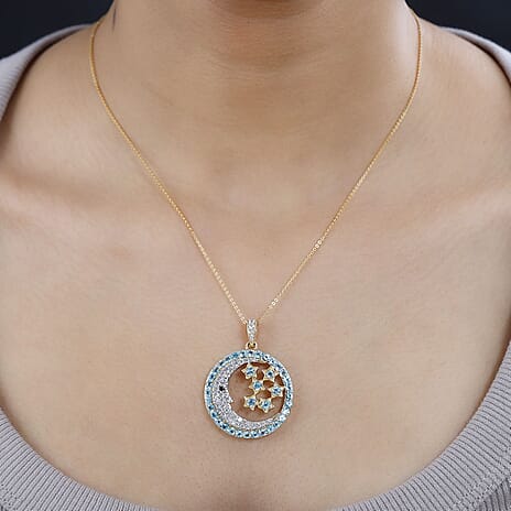 GP Celestial Collection - Blue Apatite & Multi Gemstone Pendant with Chain (Size 20) in 18K Vermeil Yellow Gold Plated Sterling Silver 5.40 Ct