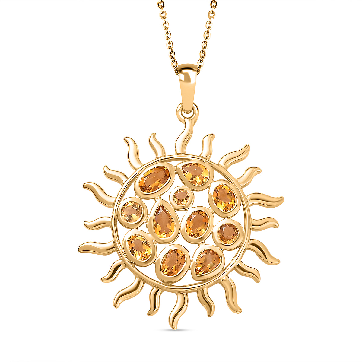 GP Celestial Collection - Citrine Sun Pendant with Chain (Size 20) in 18K Vermeil YG Plated Sterling Silver 1.59 Ct, Silver Wt. 5.73 Gms