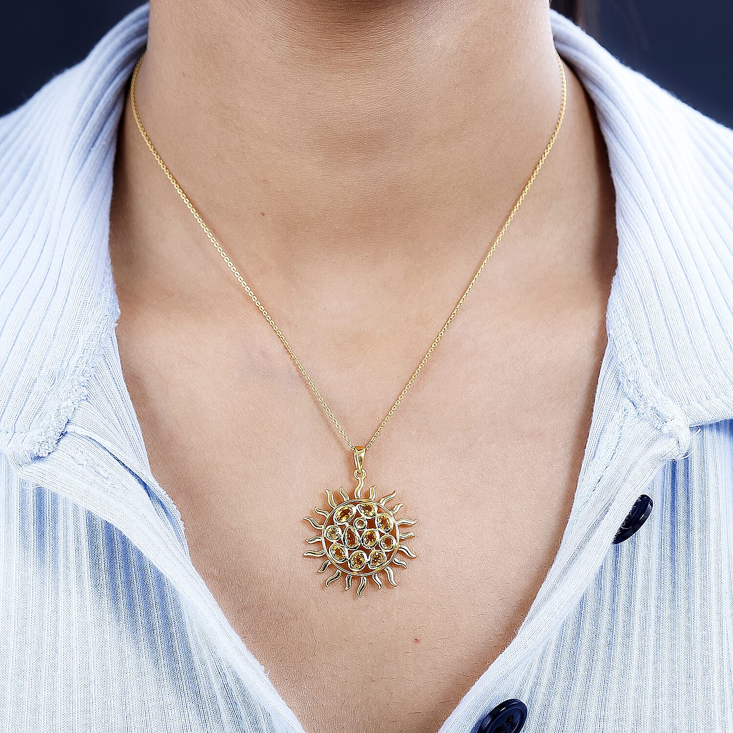 GP Celestial Collection - Citrine Sun Pendant with Chain (Size 20) in 18K Vermeil YG Plated Sterling Silver 1.59 Ct, Silver Wt. 5.73 Gms