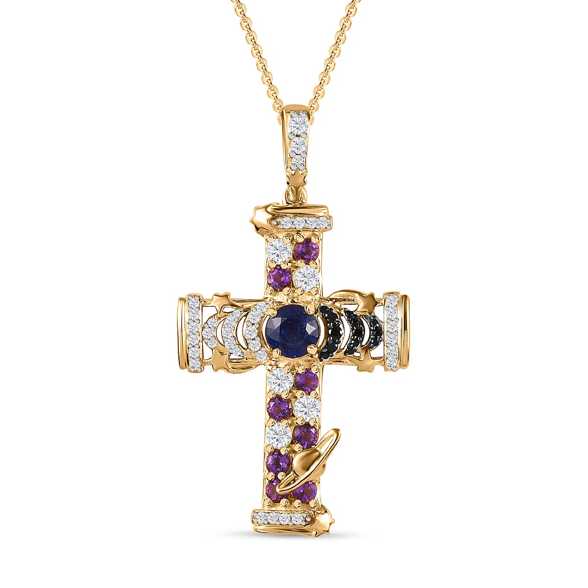 GP Celestial Collection - Masoala Sapphie & Multi Gemstone Cross Pendant with Chain (Size 20) in Platinum Overlay Sterling Silver 3.02 Ct, Silver Wt. 6.63 Gms
