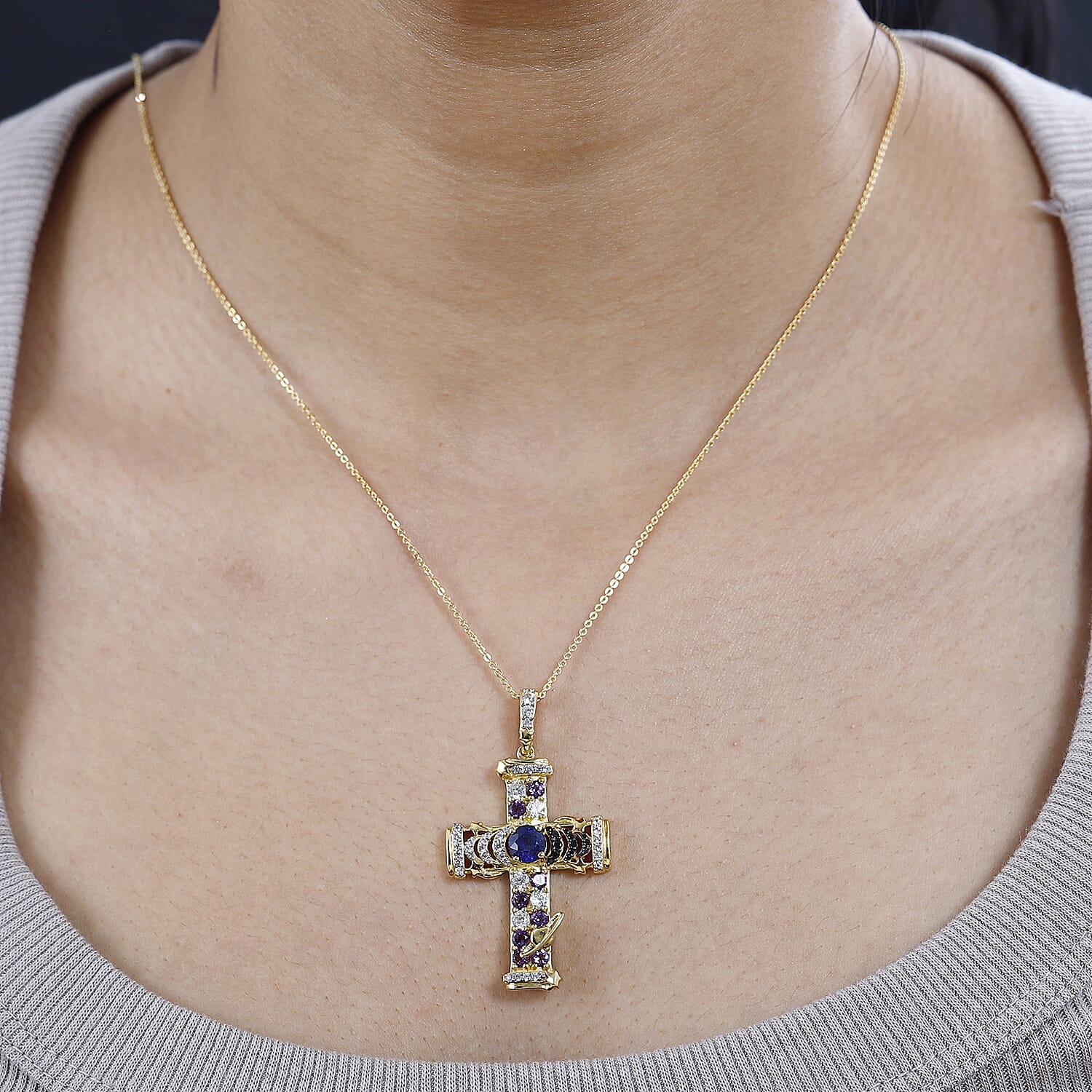 GP Celestial Collection - Masoala Sapphie & Multi Gemstone Cross Pendant with Chain (Size 20) in Platinum Overlay Sterling Silver 3.02 Ct, Silver Wt. 6.63 Gms