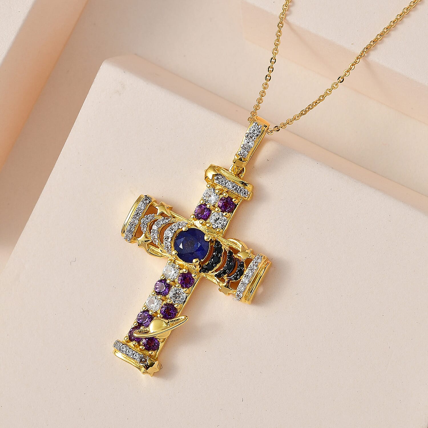 GP Celestial Collection - Masoala Sapphie & Multi Gemstone Cross Pendant with Chain (Size 20) in Platinum Overlay Sterling Silver 3.02 Ct, Silver Wt. 6.63 Gms
