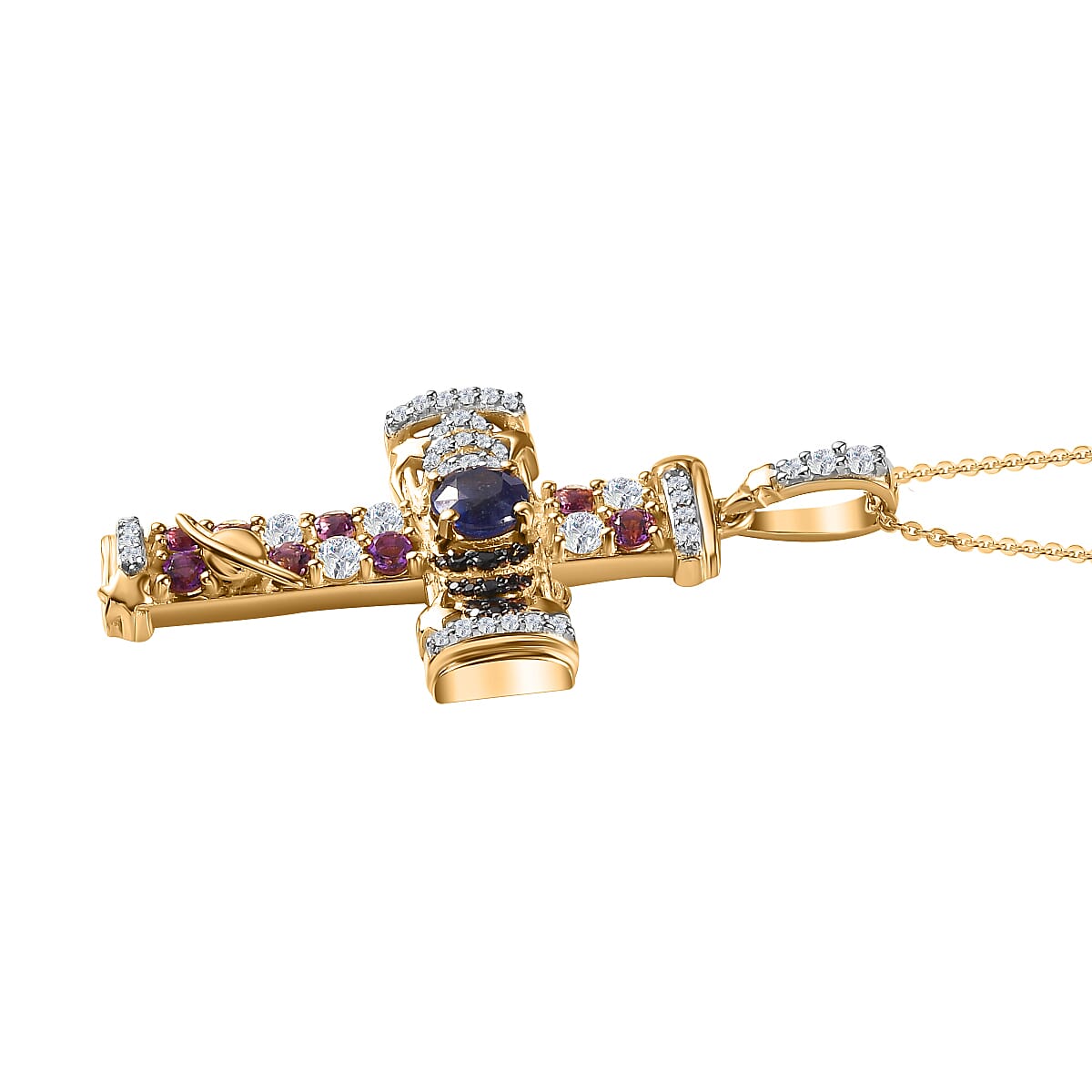 GP Celestial Collection - Masoala Sapphie & Multi Gemstone Cross Pendant with Chain (Size 20) in Platinum Overlay Sterling Silver 3.02 Ct, Silver Wt. 6.63 Gms