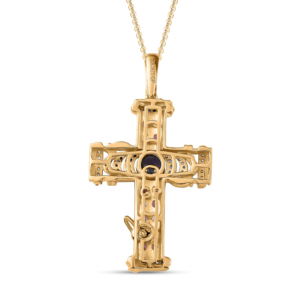 GP Celestial Collection - Masoala Sapphie & Multi Gemstone Cross Pendant with Chain (Size 20) in Platinum Overlay Sterling Silver 3.02 Ct, Silver Wt. 6.63 Gms