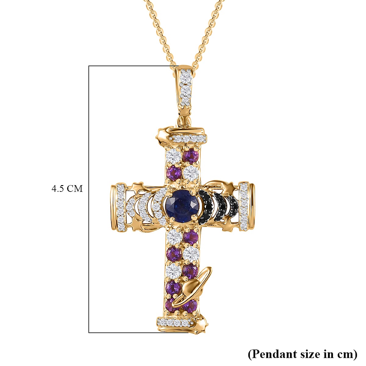 GP Celestial Collection - Masoala Sapphie & Multi Gemstone Cross Pendant with Chain (Size 20) in Platinum Overlay Sterling Silver 3.02 Ct, Silver Wt. 6.63 Gms