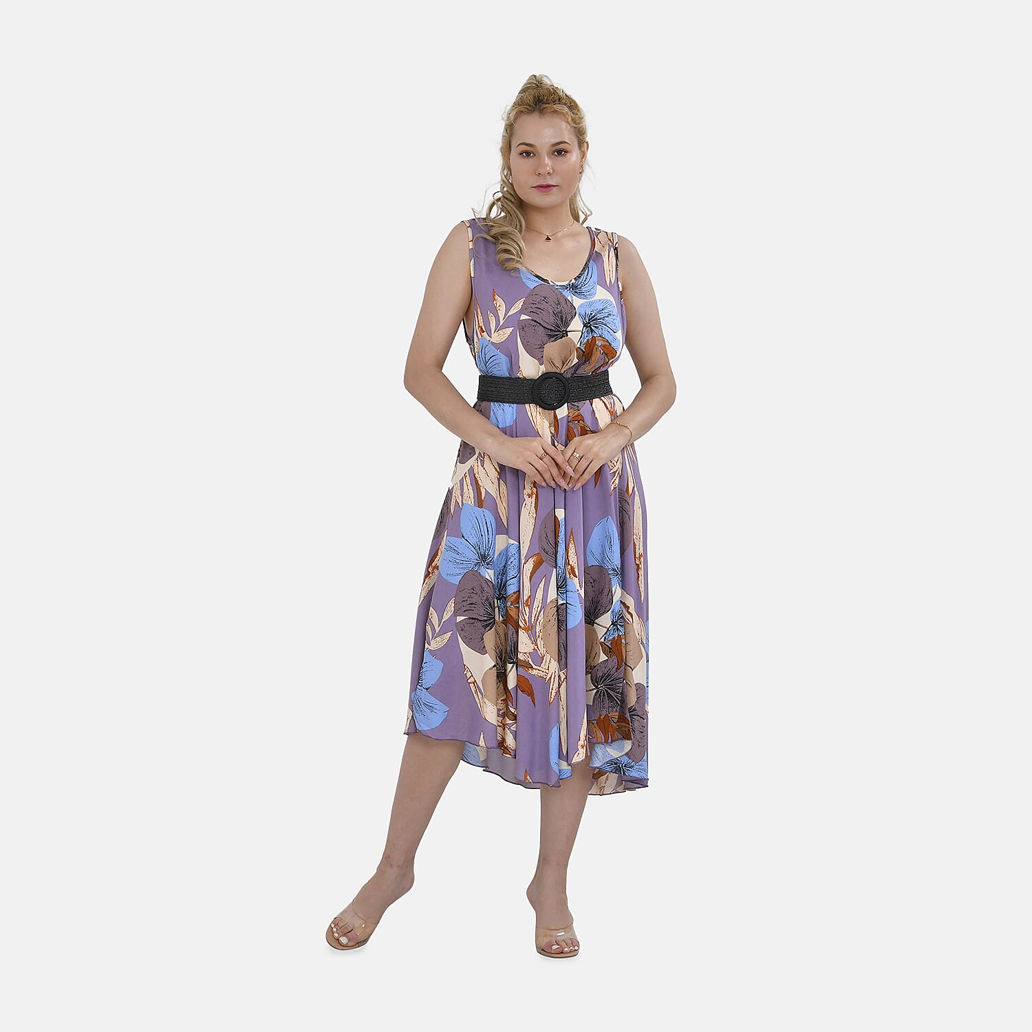  Tamsy Printed Umbrella Dress with Set of 2 Elastic Belt - Green