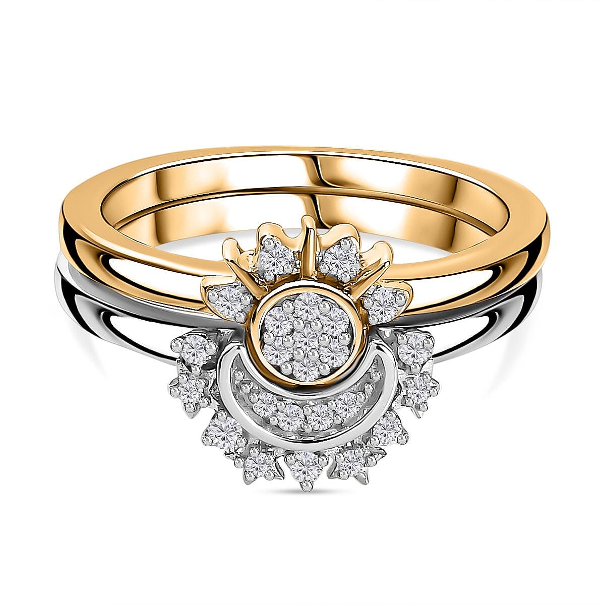 Set of 2 - Cubic Zirconia Stackable Ring in Platinum and 18K Vermeil YG Plated Sterling Silver