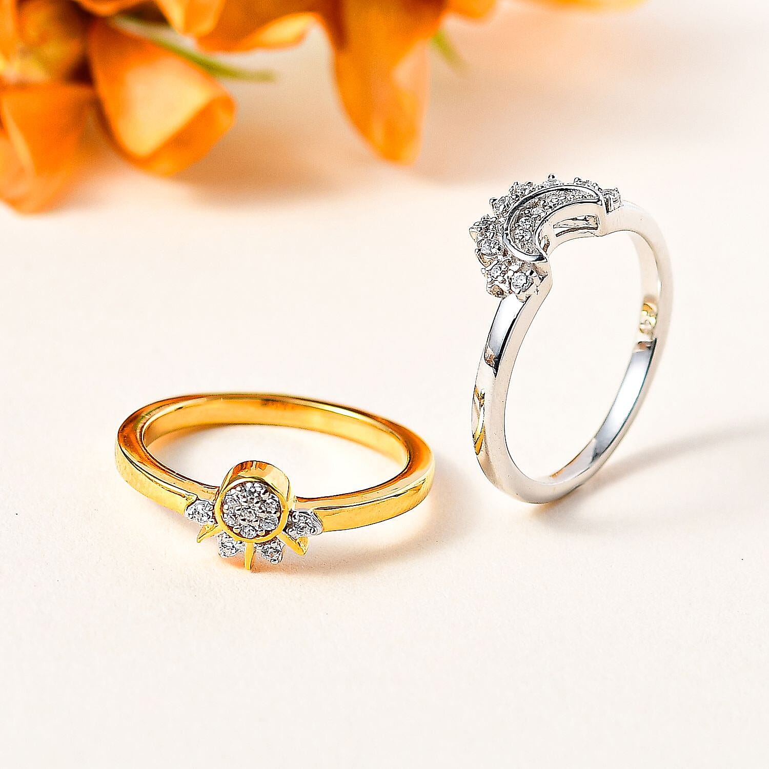 Set of 2 - Cubic Zirconia Stackable Ring in Platinum and 18K Vermeil YG Plated Sterling Silver