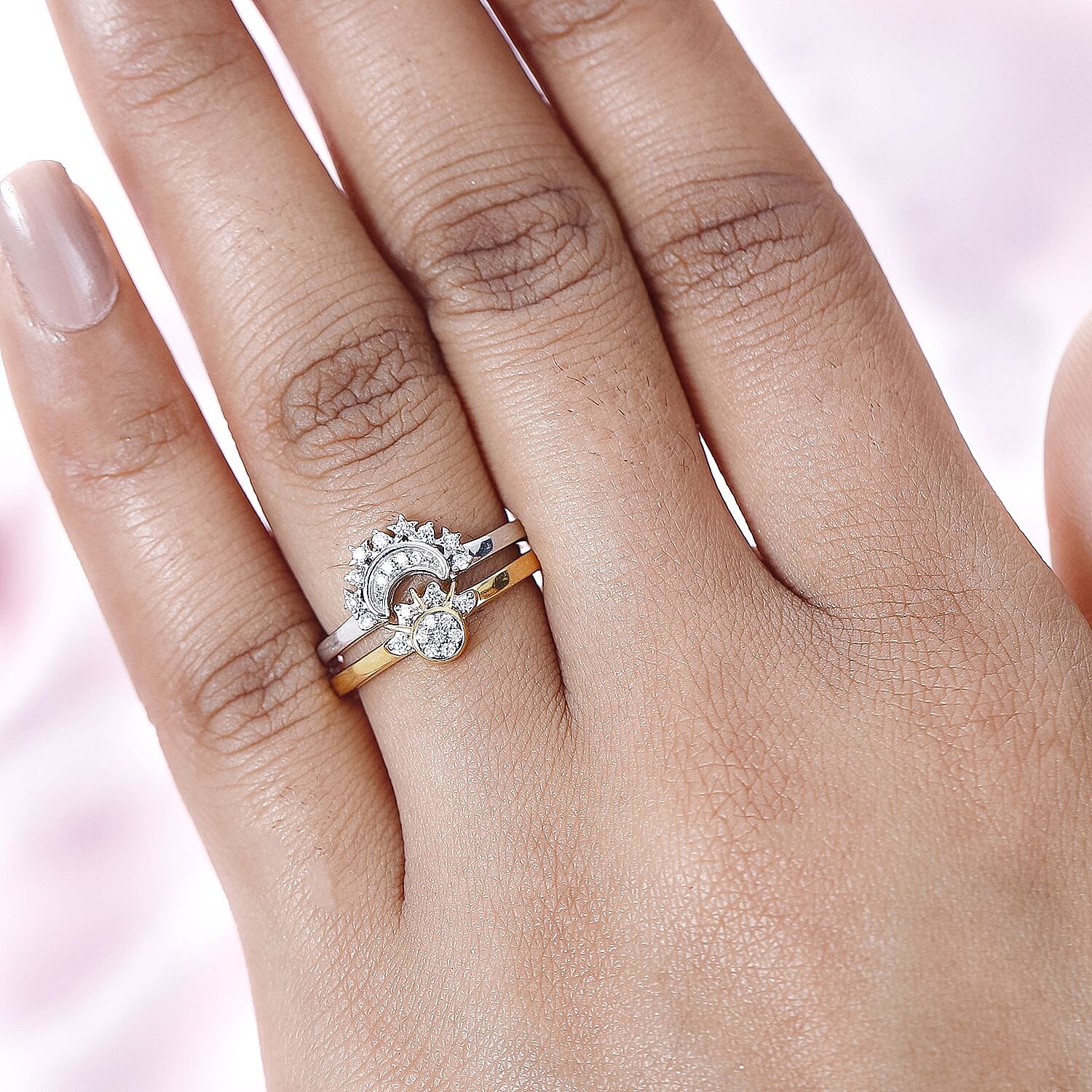 Set of 2 - Cubic Zirconia Stackable Ring in Platinum and 18K Vermeil YG Plated Sterling Silver